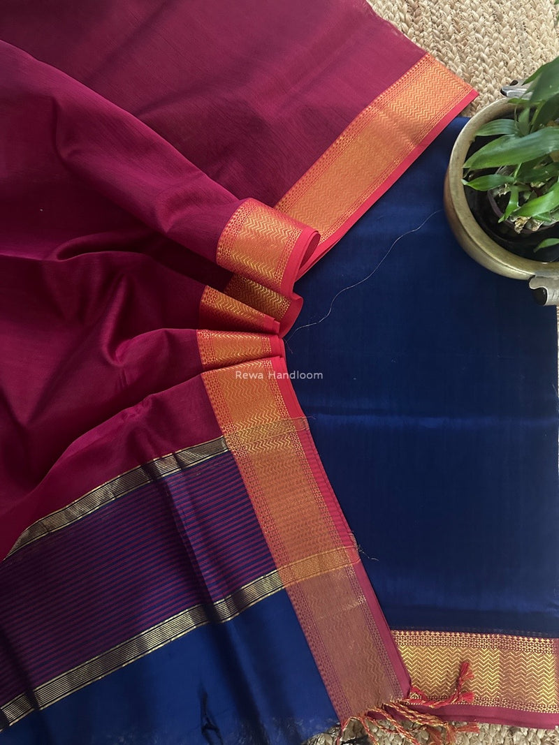 Maheshwari Blue-Pink Zari Border Dress Material BRD061