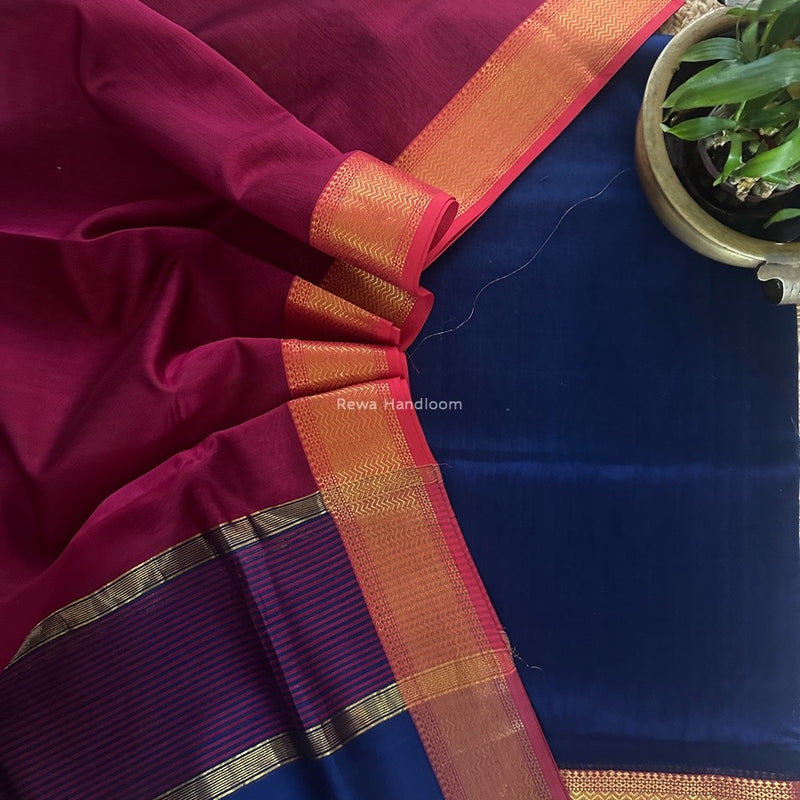 Maheshwari Blue-Pink Zari Border Dress Material BRD061