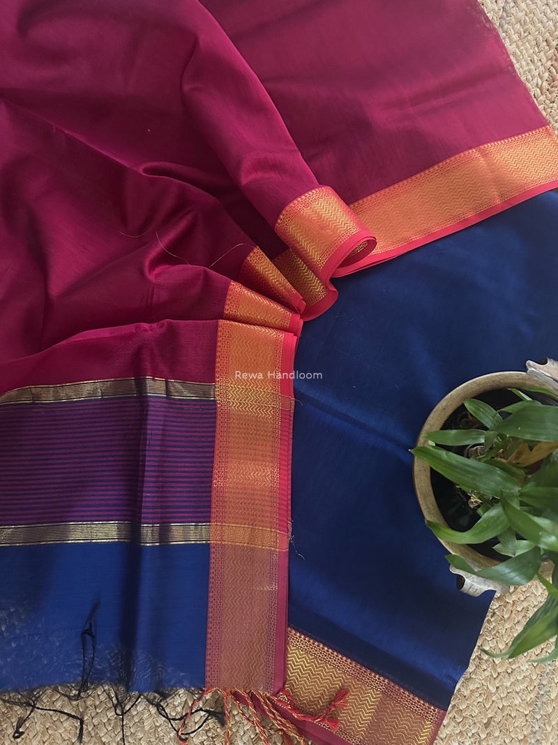 Maheshwari Blue-Pink Zari Border Dress Material BRD061