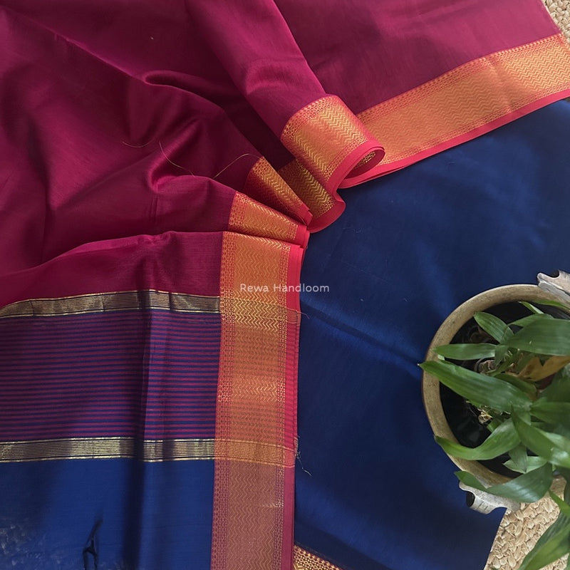 Maheshwari Blue-Pink Zari Border Dress Material BRD061