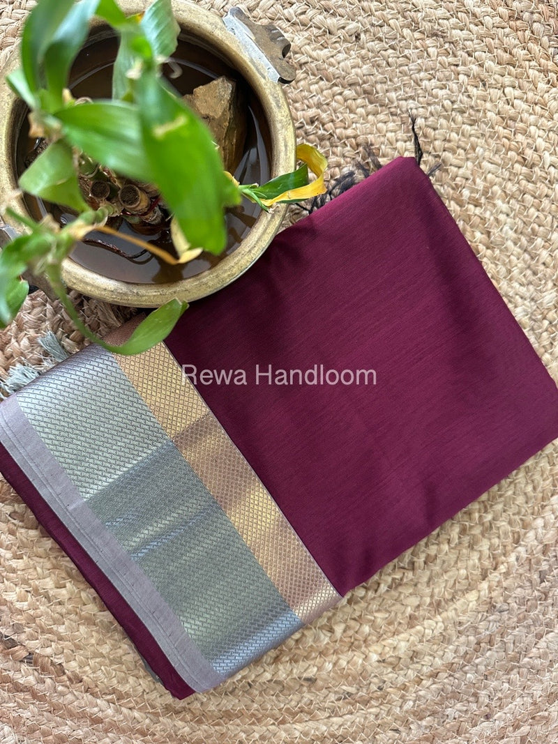 Maheshwari Wine Resham Thread Border Saree RTS049