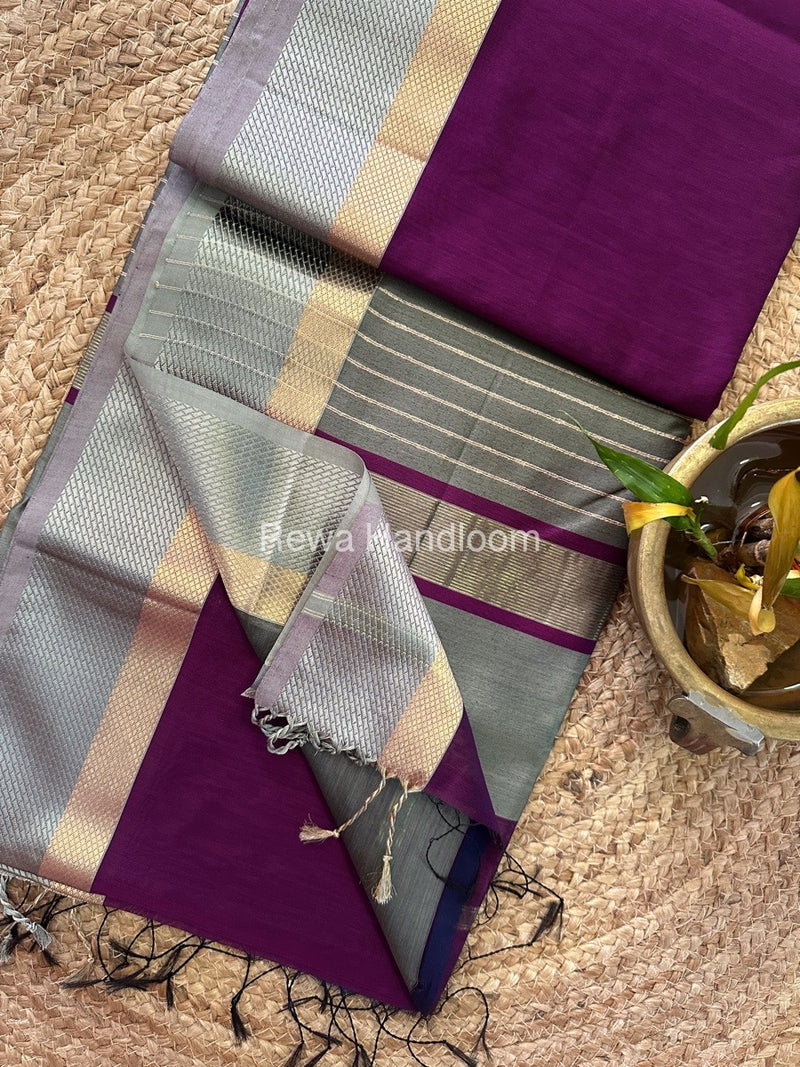Raisham Thread Maheshwari Purple Resham Thread Border Saree RTS047 – Rewa Handloom