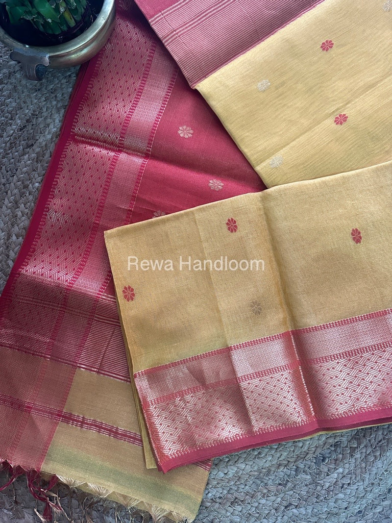 Maheshwari Golden Yellow Tissue Silk Saree TBBS05