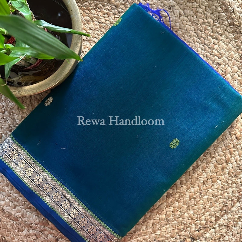 Teal Green Butta Pallu Zari Border Maheshwari Saree MBS021
