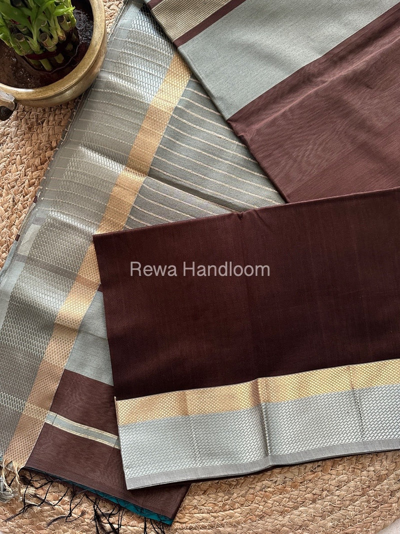 Raisham Thread Maheshwari Brown Resham Thread Border Saree RTS055 – Rewa Handloom