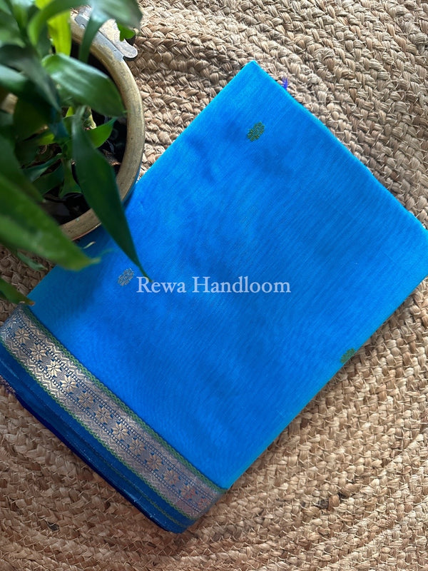 Sky Blue Butta Pallu Zari Border Maheshwari Saree MBS020