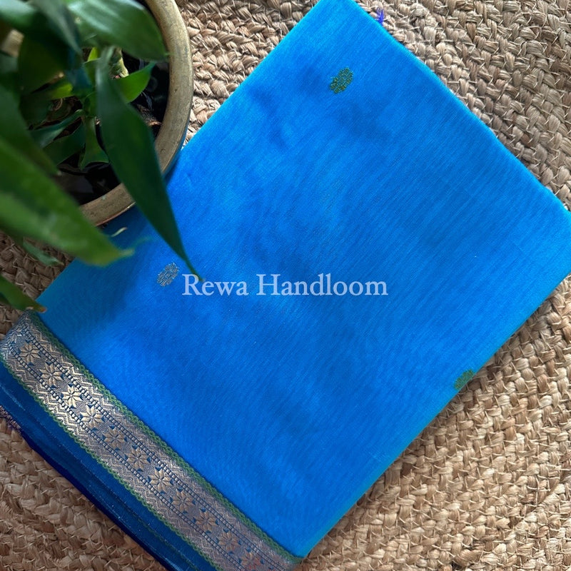 Sky Blue Butta Pallu Zari Border Maheshwari Saree MBS020