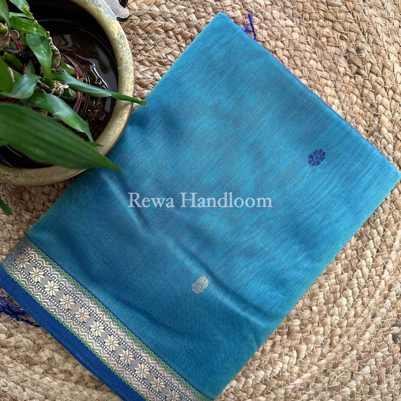 Aqua Green Butta Pallu Zari Border Maheshwari Saree MBS017