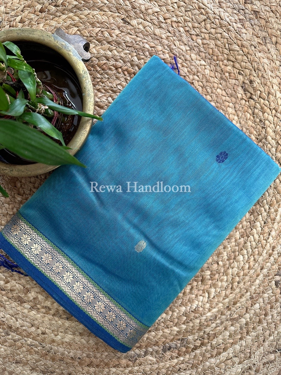 Aqua Green Butta Pallu Zari Border Maheshwari Saree MBS017