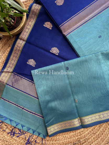 Aqua Green Butta Pallu Zari Border Maheshwari Saree MBS017