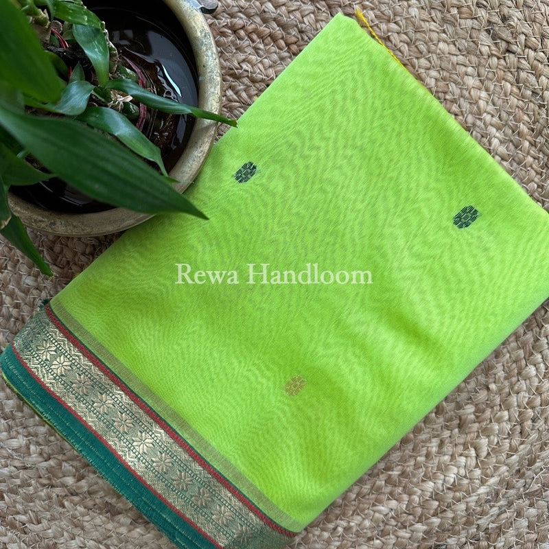 Light Green Butta Pallu Zari Border Maheshwari Saree MBS024