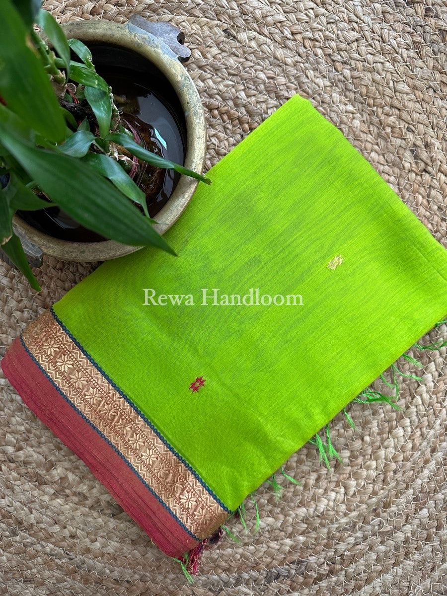 Green Butta Pallu Zari Border Maheshwari Saree MBS028