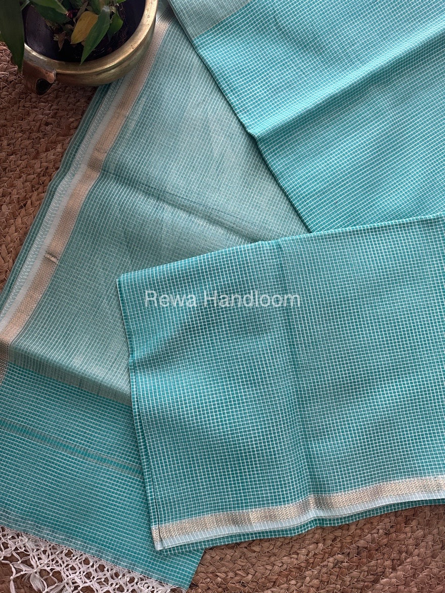 Maheshwari Sea Green Self Checks Saree CB011