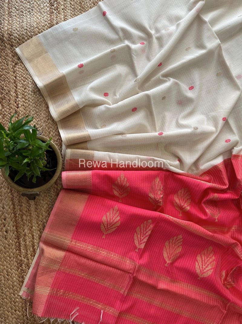 White Butta Pallu Zari Border Saree Maheshwari Saree BTPS017