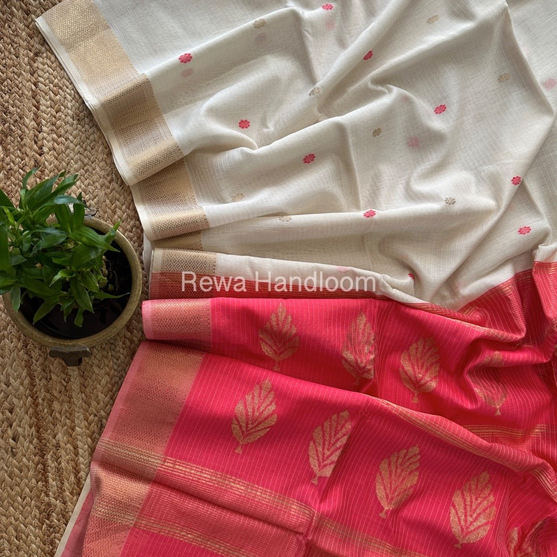 White Butta Pallu Zari Border Saree Maheshwari Saree BTPS017