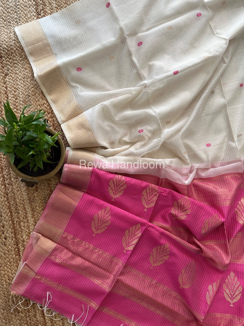 White Butta Pallu Zari Border Saree Maheshwari Saree BTPS029