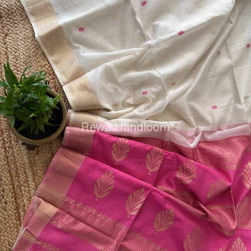 White Butta Pallu Zari Border Saree Maheshwari Saree BTPS029