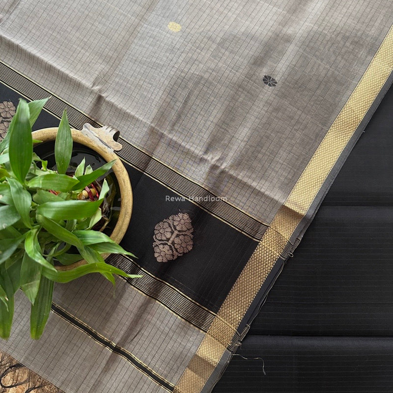 Maheshwari Black-Grey Motifs Top-Dupatta Set NMS08