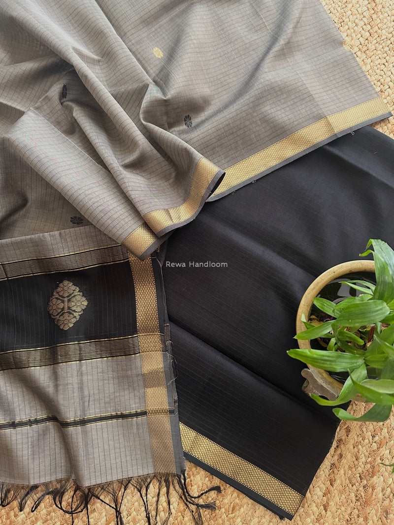 Maheshwari Black-Grey Motifs Top-Dupatta Set NMS08