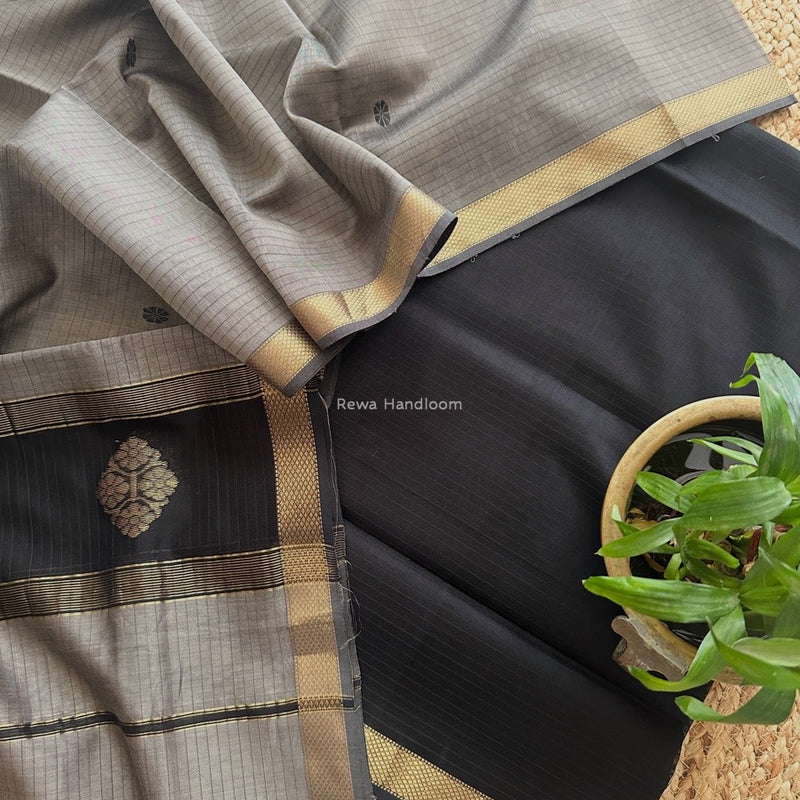 Maheshwari Black-Grey Motifs Top-Dupatta Set NMS08