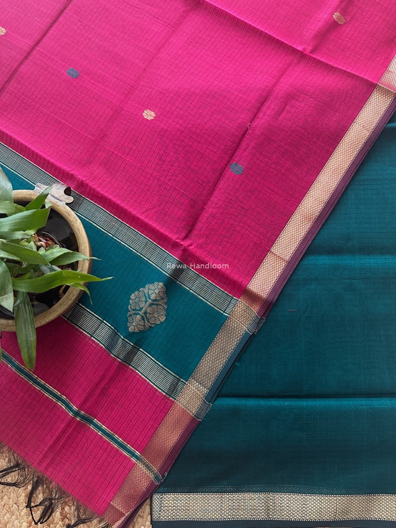 Maheshwari Green-Rani Pink Motifs Top-Dupatta Set NMS01