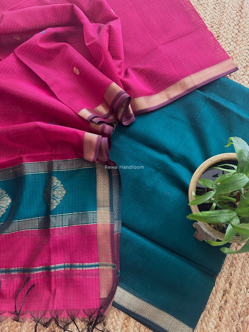 Maheshwari Green-Rani Pink Motifs Top-Dupatta Set NMS01