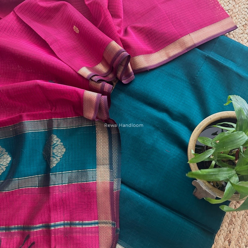 Maheshwari Green-Rani Pink Motifs Top-Dupatta Set NMS01