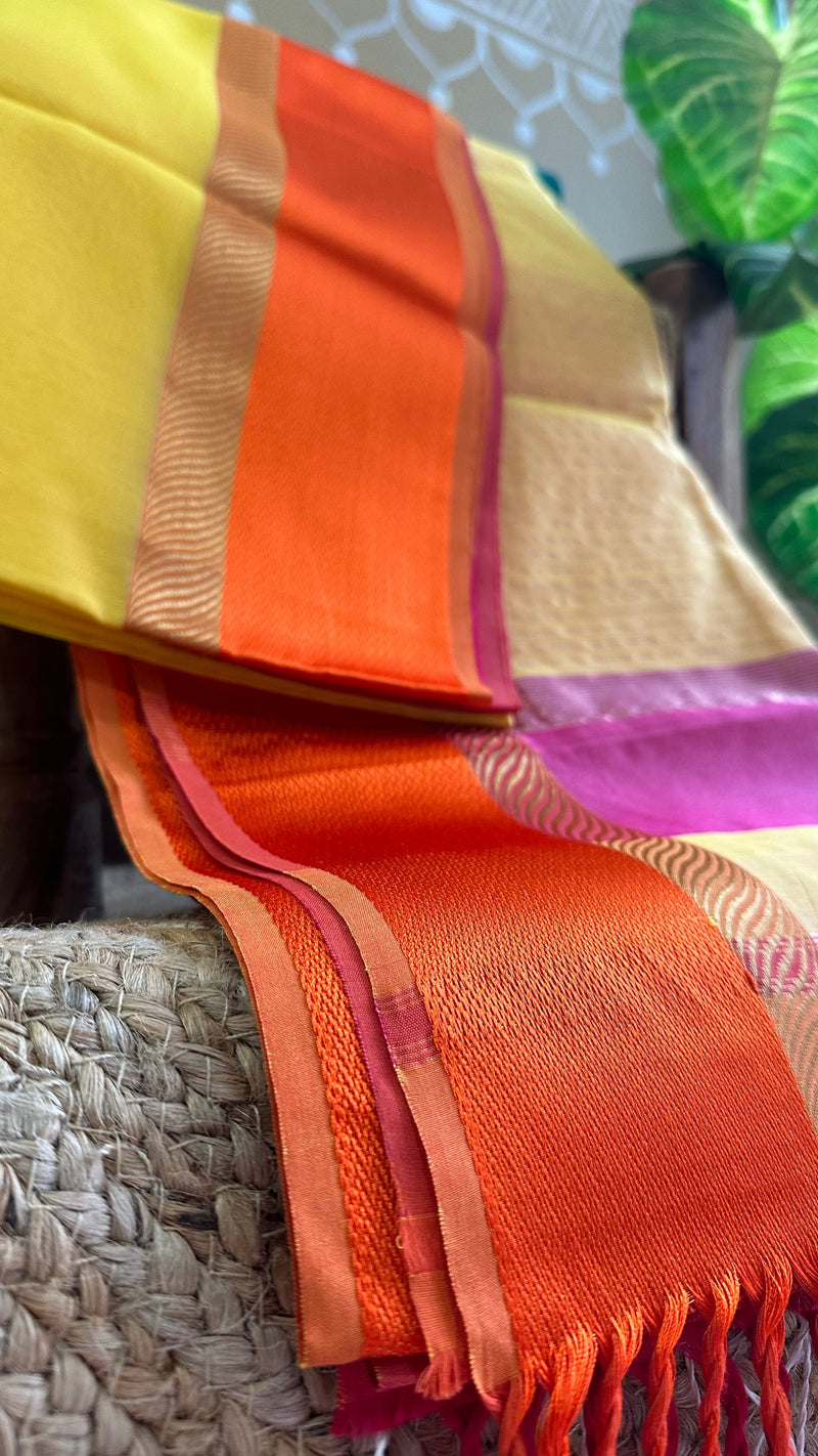 Yellow Ganga Jamuna Maheshwari  Saree