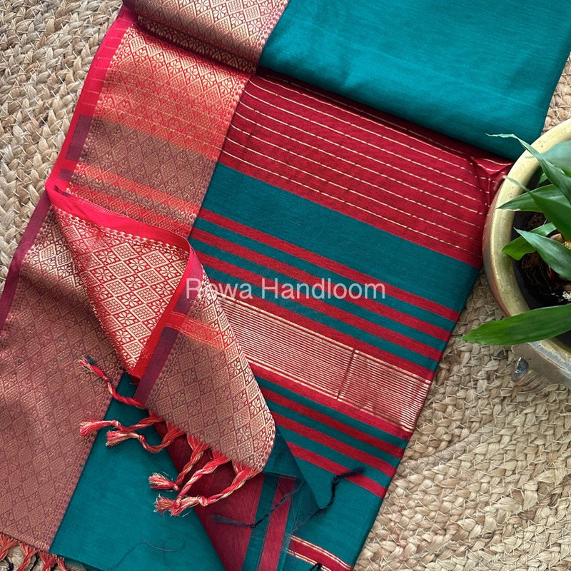 Maheshwari Bottle Green Zari Diamond Border Saree DB018