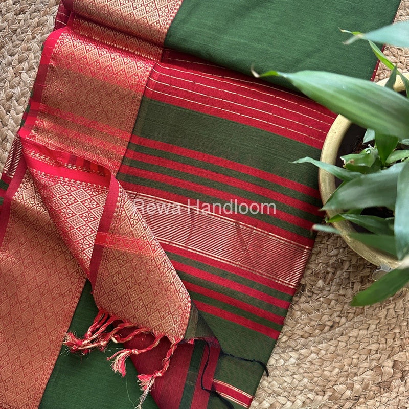 Maheshwari Mehendi Green Zari Diamond Border Saree DB010