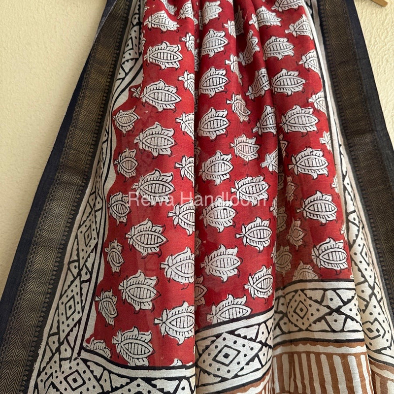 Red Chanderi Printed Zari Border Saree MCPS03