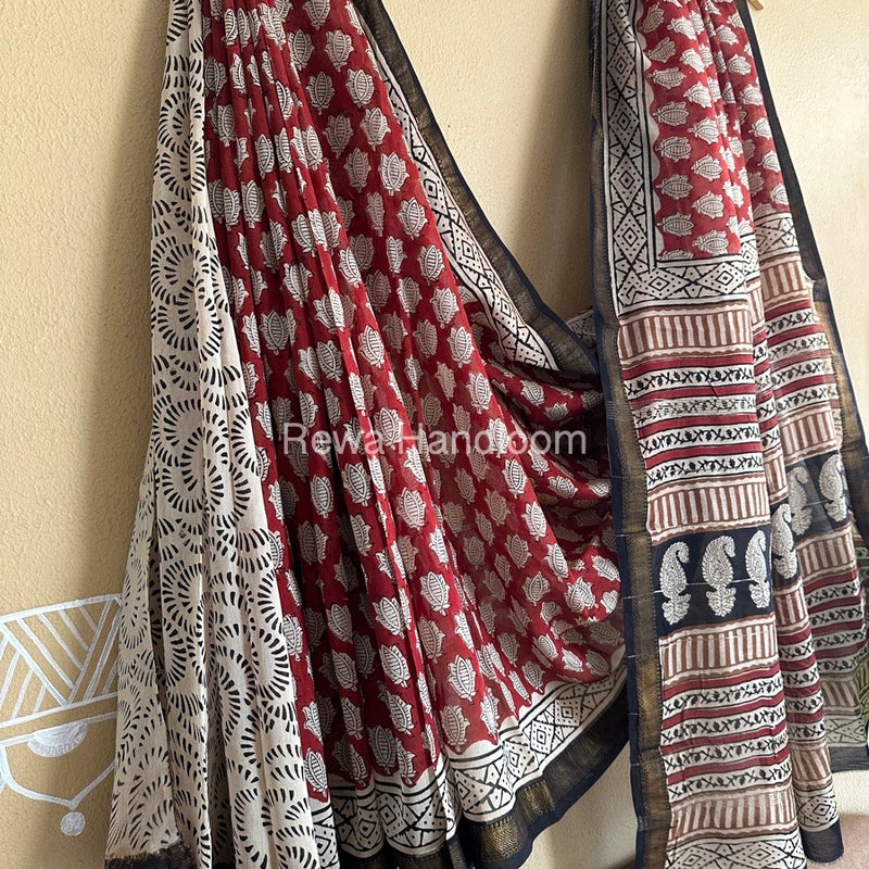 Red Chanderi Printed Zari Border Saree MCPS03