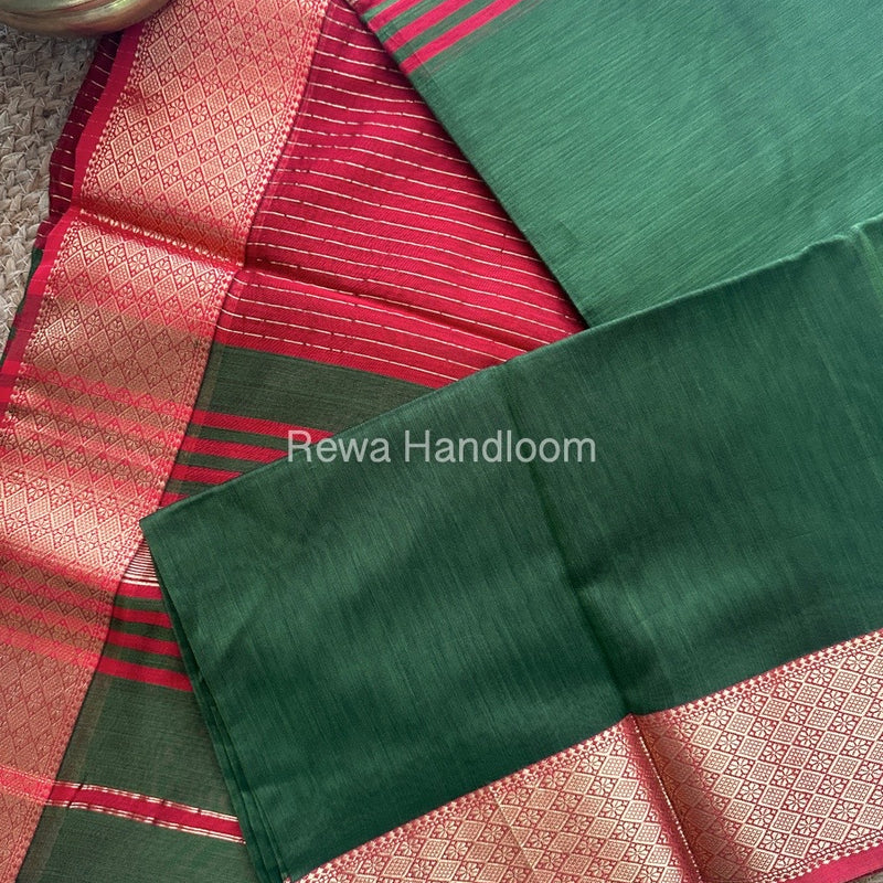 Maheshwari Mehendi Green Zari Diamond Border Saree DB010
