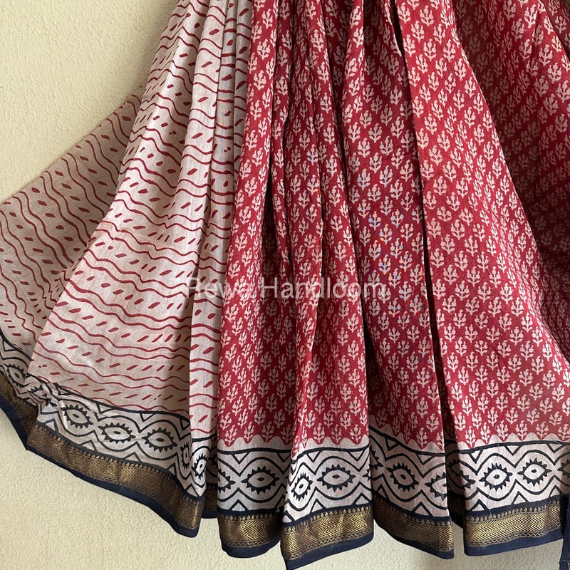 Red Chanderi Printed Zari Border Saree MCPS013