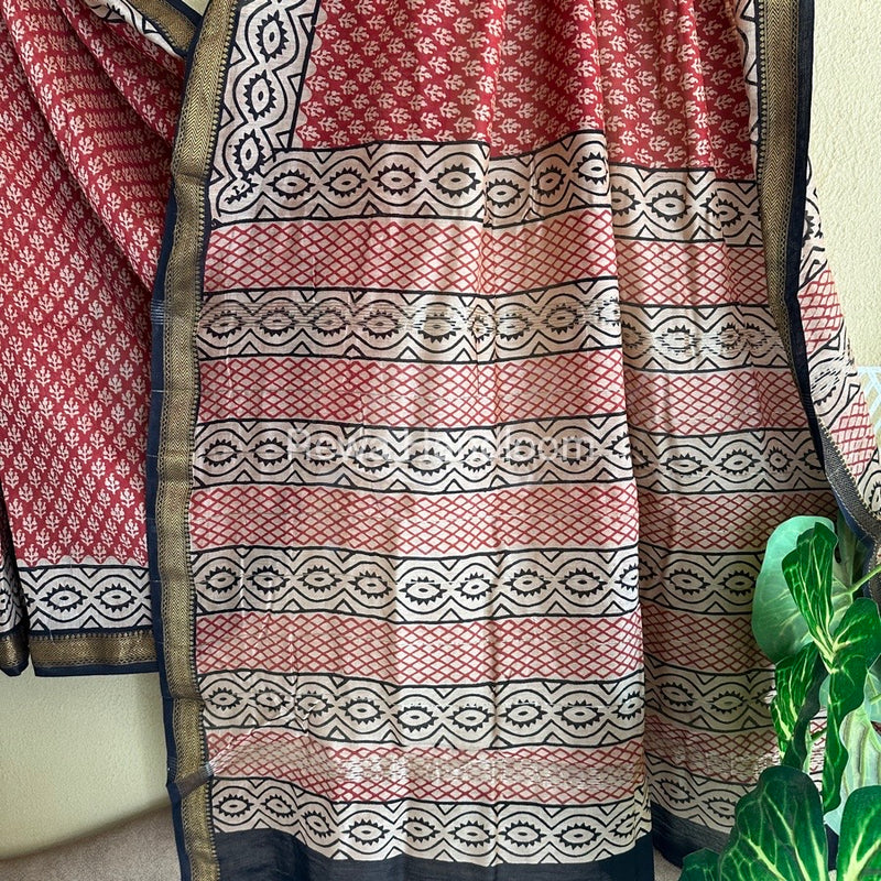 Red Chanderi Printed Zari Border Saree MCPS013