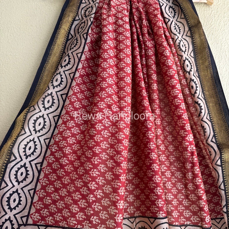 Red Chanderi Printed Zari Border Saree MCPS013