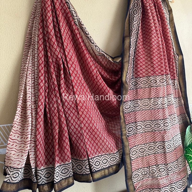 Red Chanderi Printed Zari Border Saree MCPS013