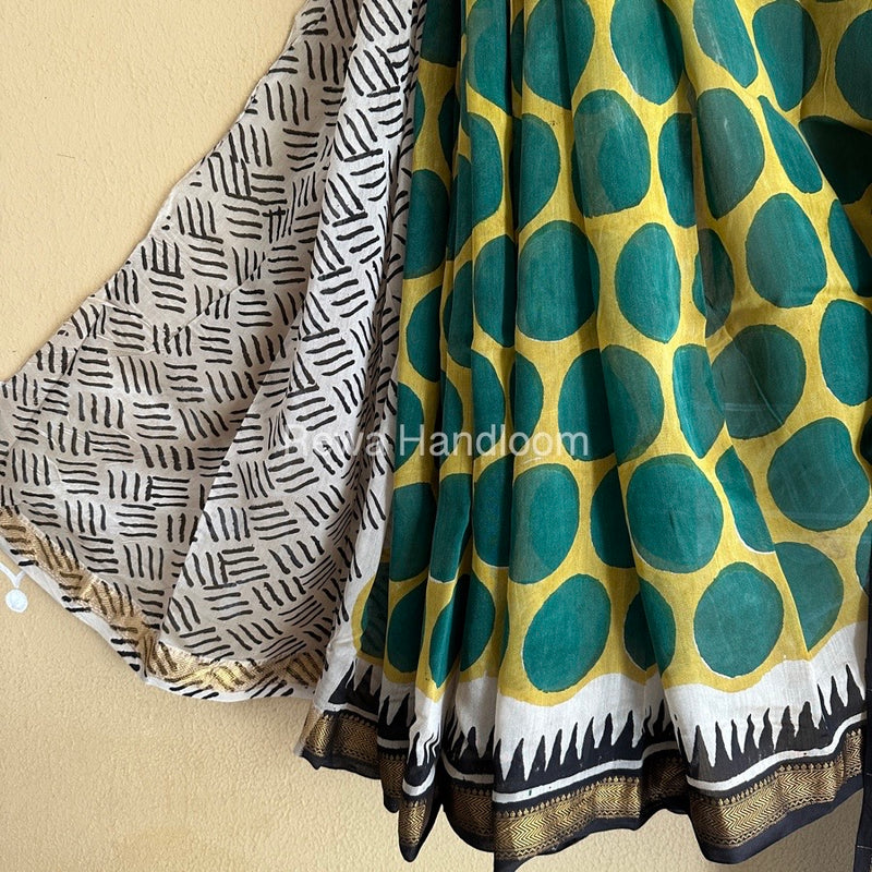 Yellow Chanderi Printed Zari Border Saree MCPS011