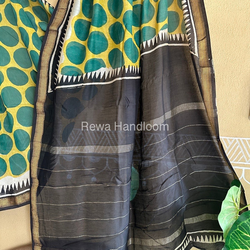 Yellow Chanderi Printed Zari Border Saree MCPS011