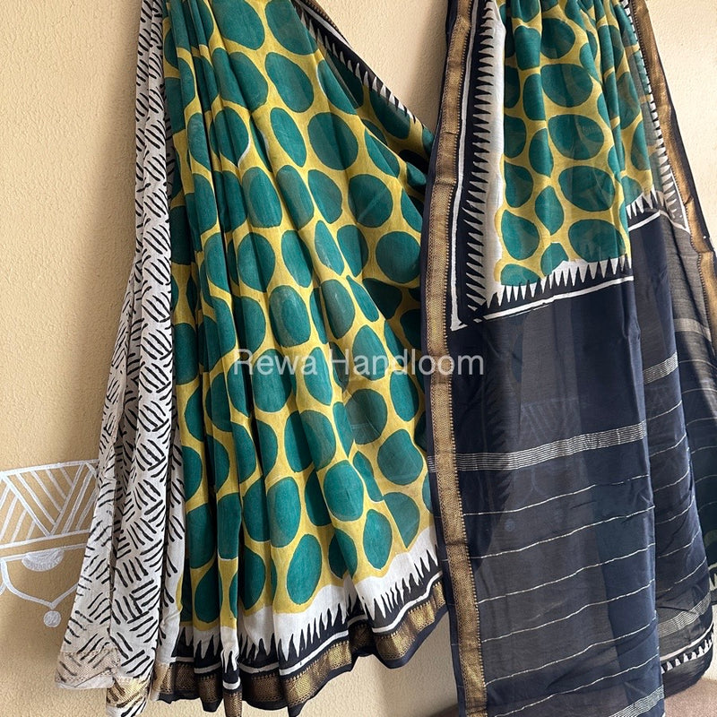 Yellow Chanderi Printed Zari Border Saree MCPS011