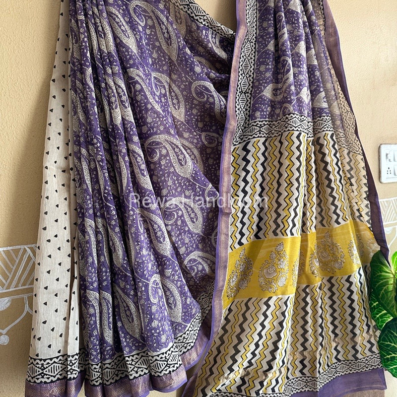 Purple Chanderi Printed Zari Border Saree MCPS010