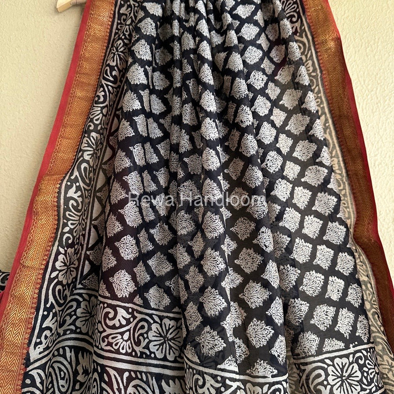 Black Chanderi Printed Zari Border Saree MCPS06