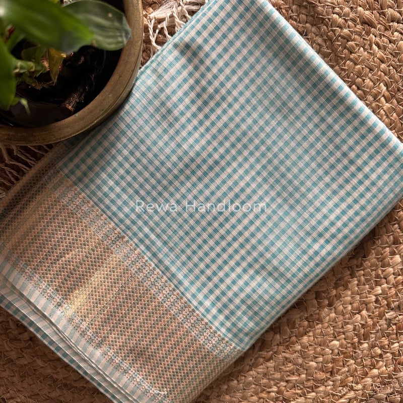 Maheshwari Light Sky Blue Self Checks Saree MSC04