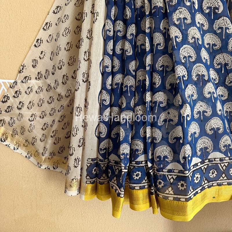 Blue Chanderi Printed Zari Border Saree MCPS09