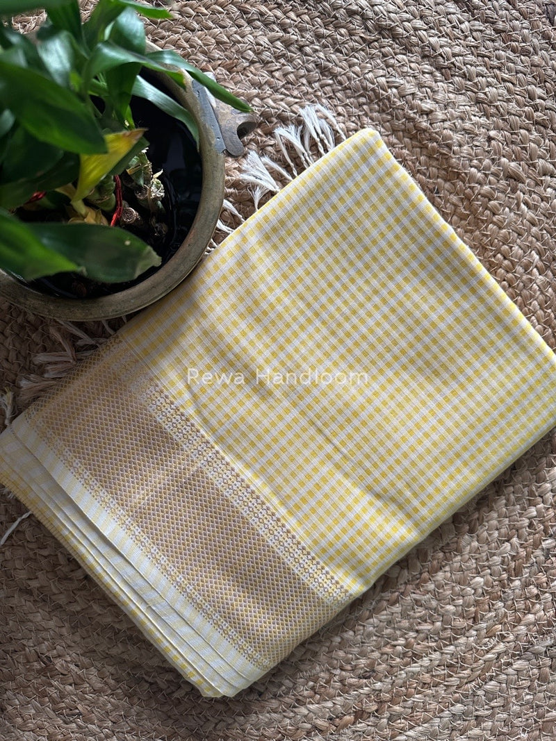 Maheshwari Light Yellow Self Checks Saree MSC09