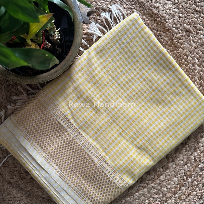 Maheshwari Light Yellow Self Checks Saree MSC09