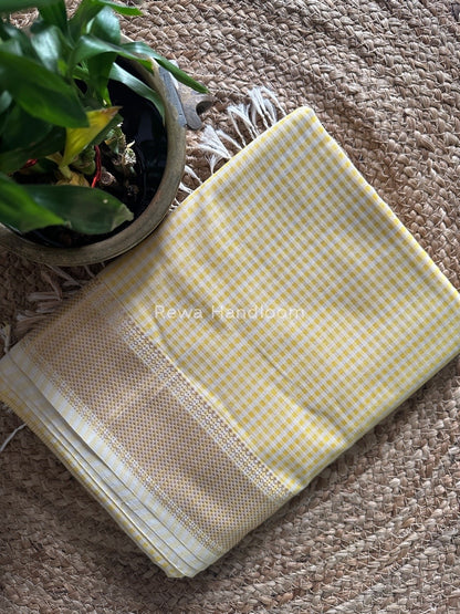 Maheshwari Light Yellow Self Checks Saree MSC09