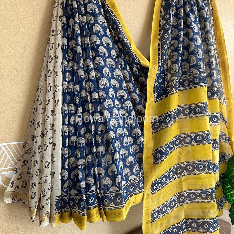 Blue Chanderi Printed Zari Border Saree MCPS09