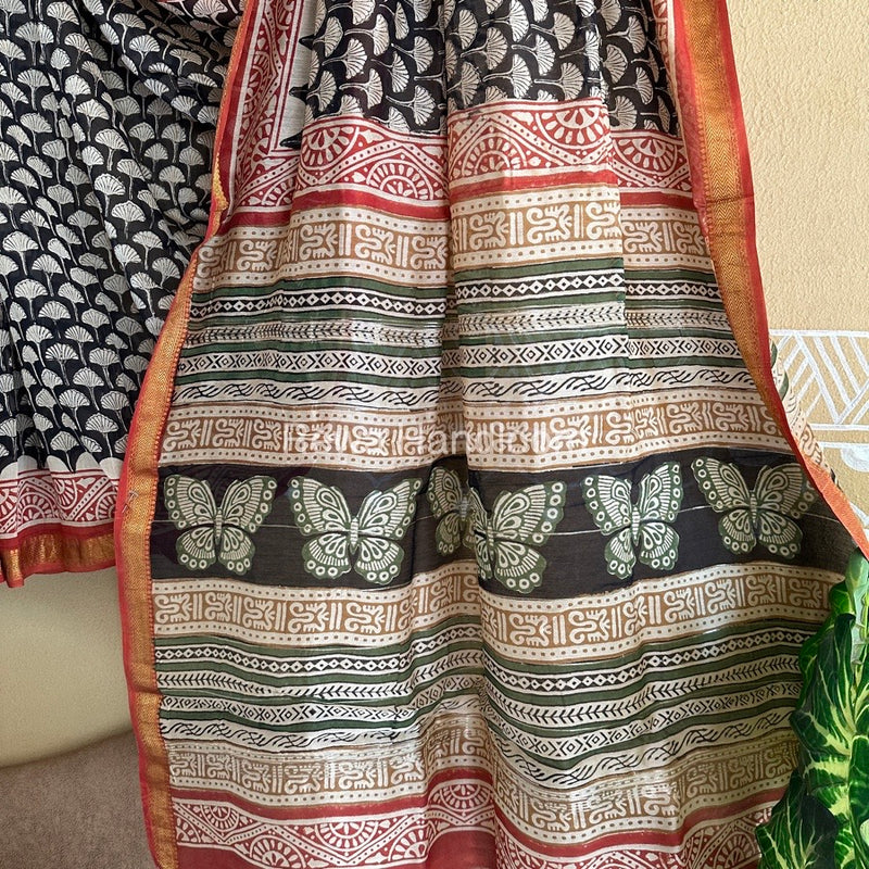 Black Chanderi Printed Zari Border Saree MCPS04