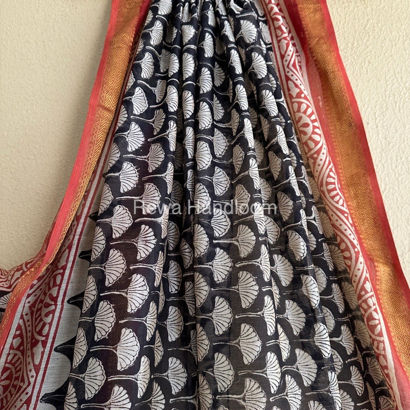 Black Chanderi Printed Zari Border Saree MCPS04